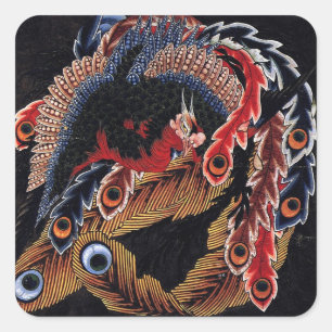 鳳 凰 図, 北 斎 Chinesisch Phoenix, Hokusai, Art Quadratischer Aufkleber