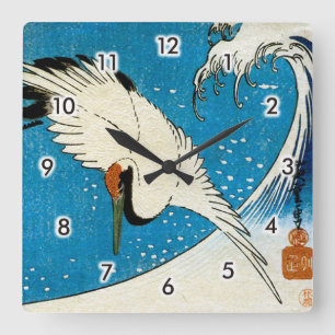 鶴 波, Crane & Wave, Hiroshige, Ukiyo-e Quadratische Wanduhr