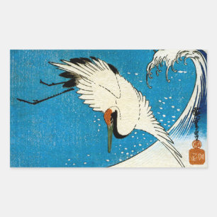 鶴 波, Crane & Wave, Hiroshige, Ukiyo-e Rechteckiger Aufkleber