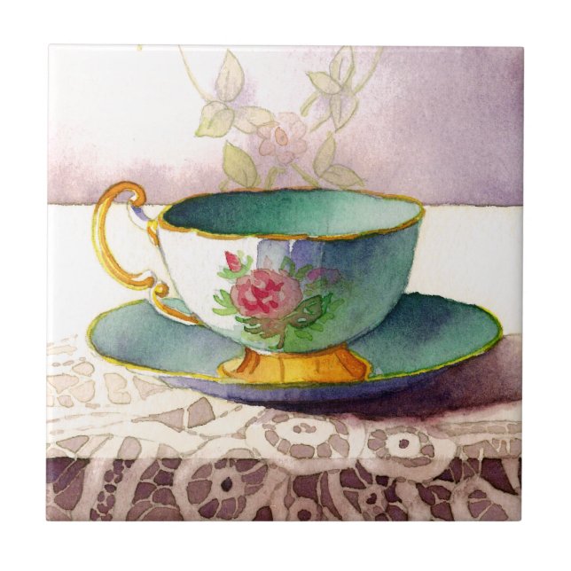 0001 Teacup on Lace Tile Fliese (Vorderseite)