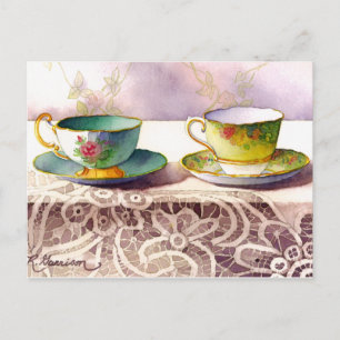 0001 Teacups on Lace Grußkarte Postkarte