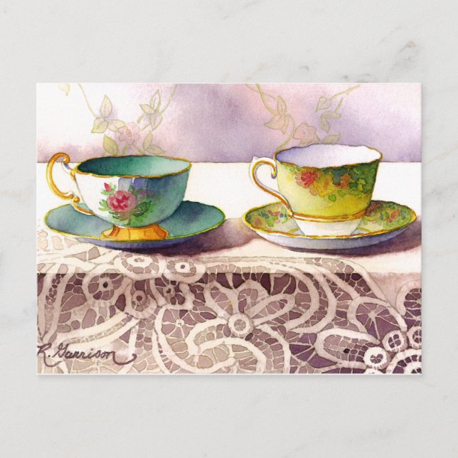 0001 Teacups on Lace Grußkarte Postkarte (Vorderseite)