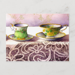 0001 Teacups on Lace Grußkarte Postkarte