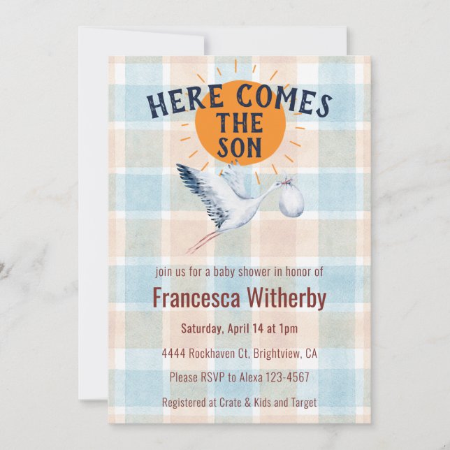 001 Himmel Wasserfarbe Karo Storch Boho Baby Showe Einladung (Vorderseite)