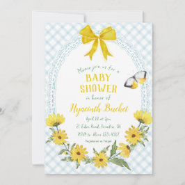 001 Himmelblau Gelbe Gänseblümchen Schleife Gingha Einladung