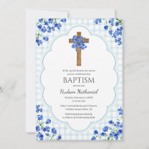 001 Himmelblaue Blüten-Rustikales-Kreuz-Taufdesign Einladung