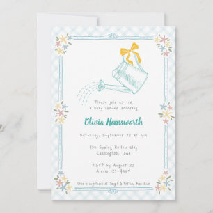 001 Himmelblaue Gingham-Gießkanne Baby Shower Einladung