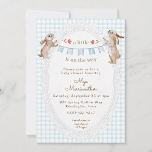 001 Himmelblauer Süßer Häschen Gingham Baby Shower Einladung