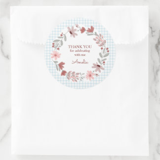 001 Himmelblauer Wildblumen-Bogenrahmen Gingham Runder Aufkleber