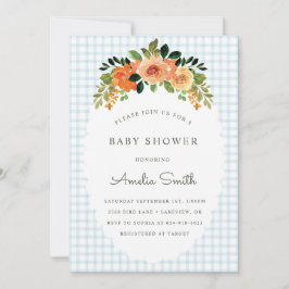 001 Sky Blue Floral Gingham Baby Shower Invitation Einladung