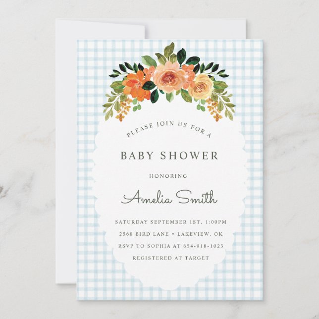 001 Sky Blue Floral Gingham Baby Shower Invitation Einladung (Vorderseite)