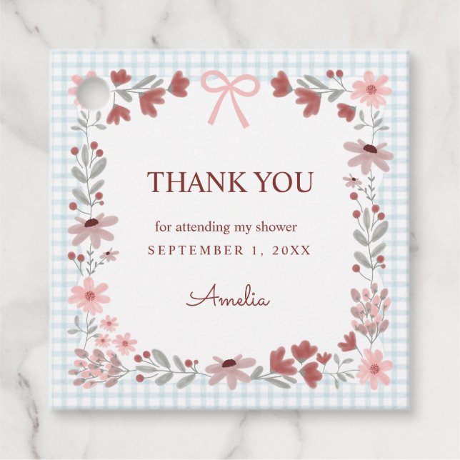 001 Sky Blue Wildflower Bow Frame Gingham Geschenkanhänger (Vorderseite)