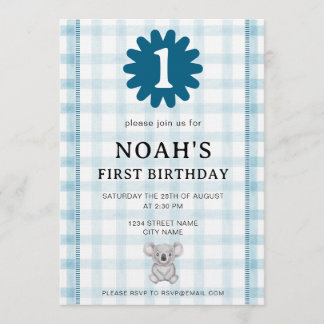 001 Sky Watercolor Check Koala Birthday Invitation Einladung