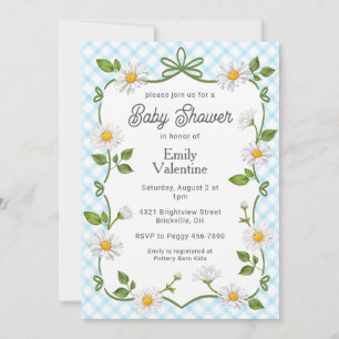 002 Cerulean Blaue Florale Daisy Karierte Babypart Einladung