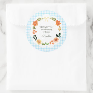 002 Cerulean Blaue Florale Gingham-Baby-Party Runder Aufkleber