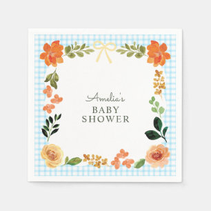 002 Cerulean Blaues Blumen-Gingham-Baby-Shower Serviette