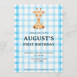 002 Cerulean Blue Check Giraffe Birthday Invite Einladung