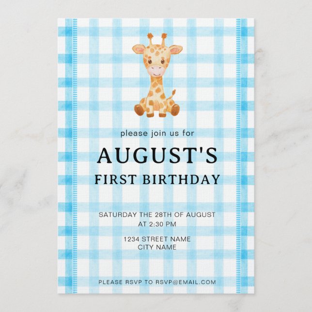 002 Cerulean Blue Check Giraffe Birthday Invite Einladung (Vorderseite)