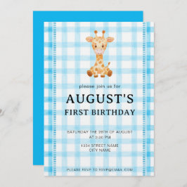 002 Cerulean Blue Check Giraffe Birthday Invite Einladung