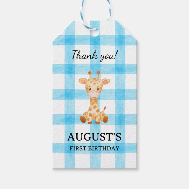 002 Cerulean Blue Check Giraffe Gift Tag Geschenkanhänger (Vorderseite)