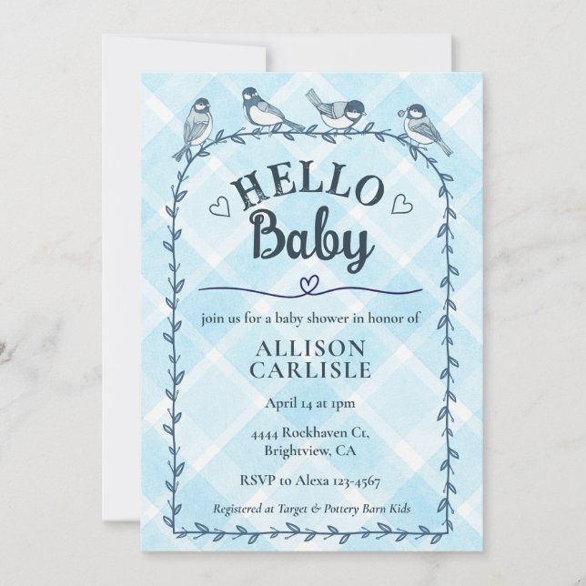 002 Cerulean Watercolor Gingham Birds Baby Shower Einladung (Vorderseite)