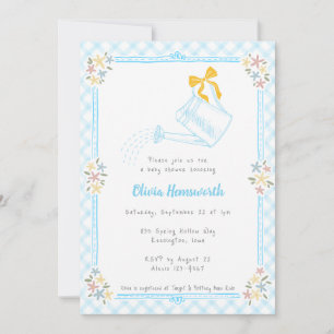 002 Gießkanne für Babyparty in Himmelblau Gingham Einladung