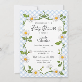 003 Cobalt Blue Floral Daisy Plaid Baby Shower Einladung