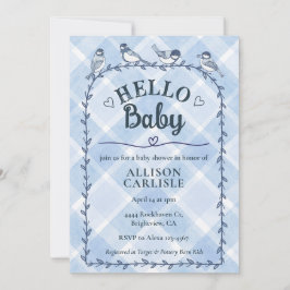 003 Cobalt Watercolor Gingham Birds Baby Shower Einladung