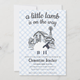 003 Kobaltblau Ein kleines Lamm Gingham-Baby-Party Einladung