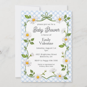 003 Kobaltblaue Blumen-Daisy-Karo-Baby-Party Einladung