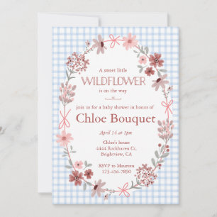 003 Kobaltblaue Wildblumen-Schleife Gingham-Baby-E Einladung