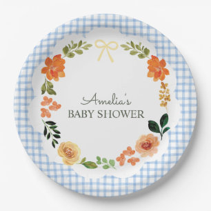 003 Kobaltblaues Blumen-Gingham-Baby-Shower Pappteller
