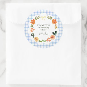 003 Kobaltblaues Blumen-Gingham-Baby-Shower Runder Aufkleber