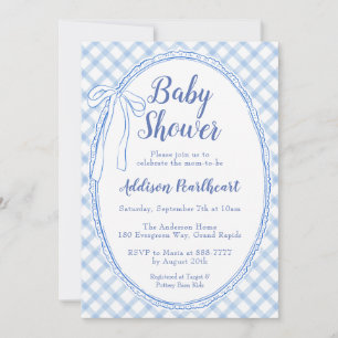 003 Kobaltblaues Erbstück-Spitze-Gingham-Baby-Show Einladung
