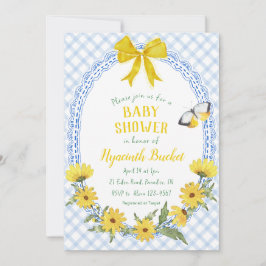 003 Kobaltgelber Gingham-Baby-Shower mit Gänseblüm Einladung