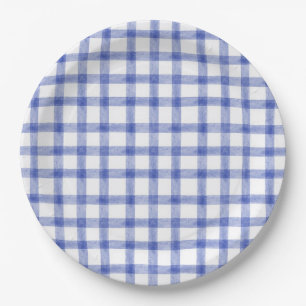 004 Indigo Blaue Aquarell Gingham L Papier Teller