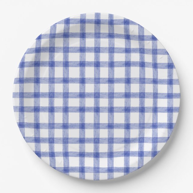 004 Indigo Blaue Aquarell Gingham L Papier Teller (Vorderseite)