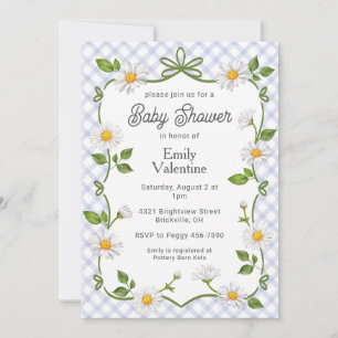 004 Indigo Blaue Florale Daisy Karierte Babyparty- Einladung
