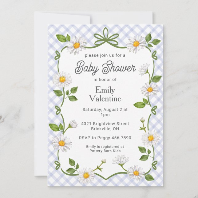 004 Indigo Blue Floral Daisy Plaid Baby Shower Einladung (Vorderseite)