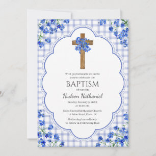 004 Indigo-Blüten-Rustikales Kreuz-Design Taufe Einladung