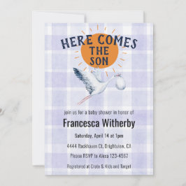 004 Indigo Watercolor Plaid Stork Boho Baby Shower Einladung