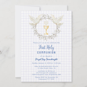 005 Iris Dove & Chalice Gingham Erstkommunion Einladung