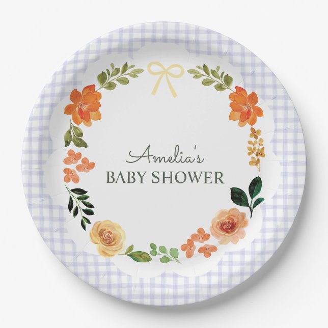 005 Iris Lavendel Blumen Gingham Babyparty Pappteller (Vorderseite)