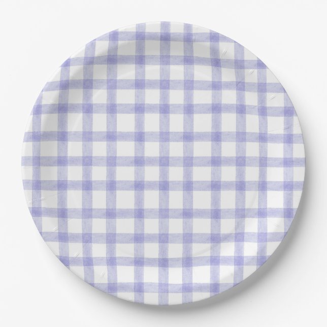 005 Iris Lila Aquarell Gingham Papier Teller (Vorderseite)