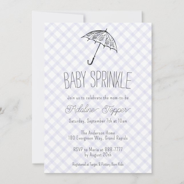 005 Iris Modern Umbrella Gingham Baby Sprinkle Einladung (Vorderseite)