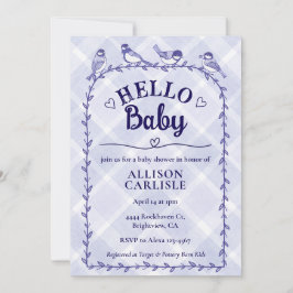 005 Iris Watercolor Gingham Birds Baby Shower Einladung