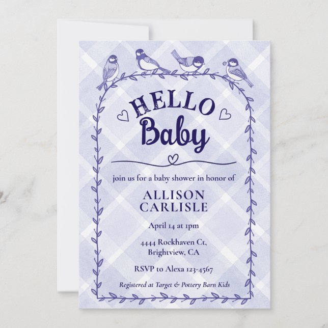005 Iris Watercolor Gingham Birds Baby Shower Einladung (Vorderseite)