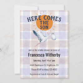 005 Iris Watercolor Karo Storch Boho Baby Shower-E Einladung