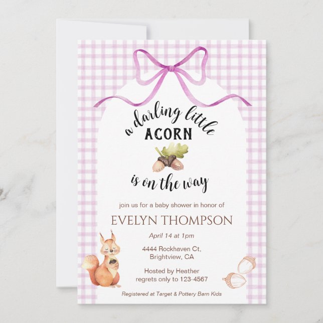 006 Wein Süßes Eichhörnchen Eichel Gingham-Baby-Pa Einladung (Vorderseite)