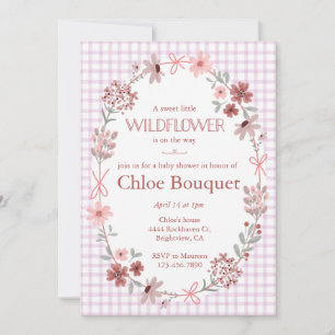006 Weinlila Wilde Blume Schleife Gingham Baby Sho Einladung